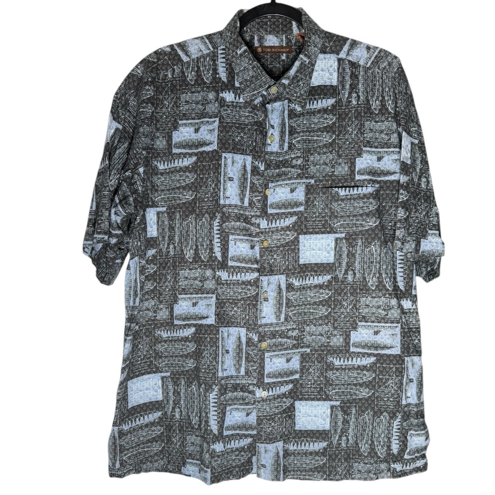 Tori Richard Cotton Lawn Shirt Mens Large Hawaiian Grey Nautical Sailboats Print
